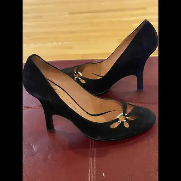 GIUSEPPE ZANOTTI Vintage Black Suede Cutout Pumps Buckle Unique 3” Heel Sz 39 - Picture 6 of 13